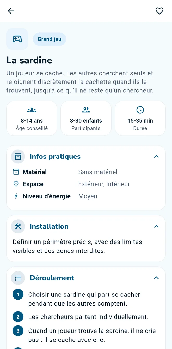 La fiche du jeu La sardine : âge conseillé, nombre d’enfants, durée, matériel, installation et déroulement