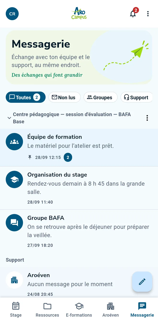 La messagerie d’un stage BAFA avec l’équipe de formation, l’organisation du stage et le groupe